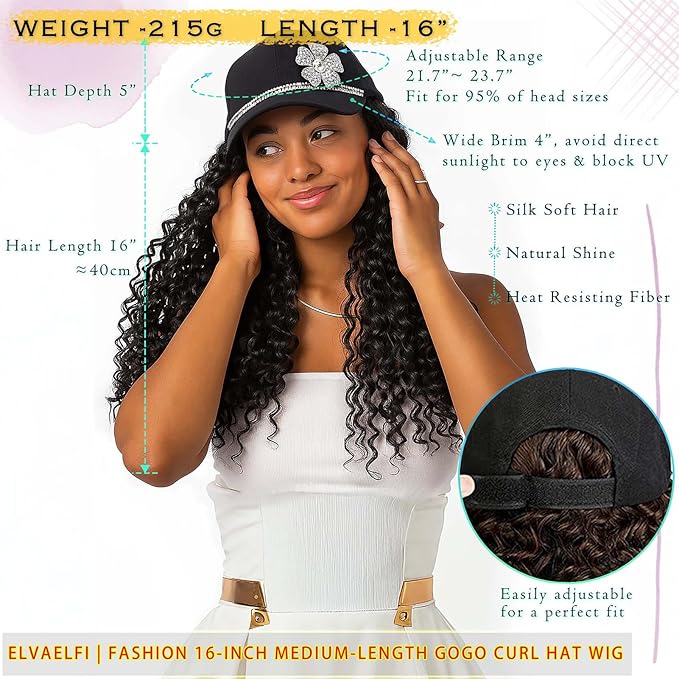 Hat Wig 16-Inch Gogo Curl Crochet Hair Extensions, Black Deep Wave Afro Curly Wigs for Black Women