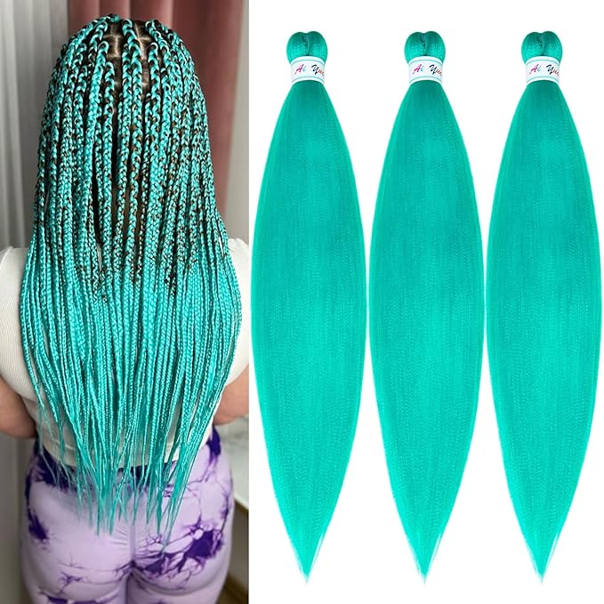 Mint Green Braiding Hair Pre Stretched Human Colored Hair Extensions for Braids 26 inch Prestretched Braiding Hair Kids Micro Box Braids (3 Packs)