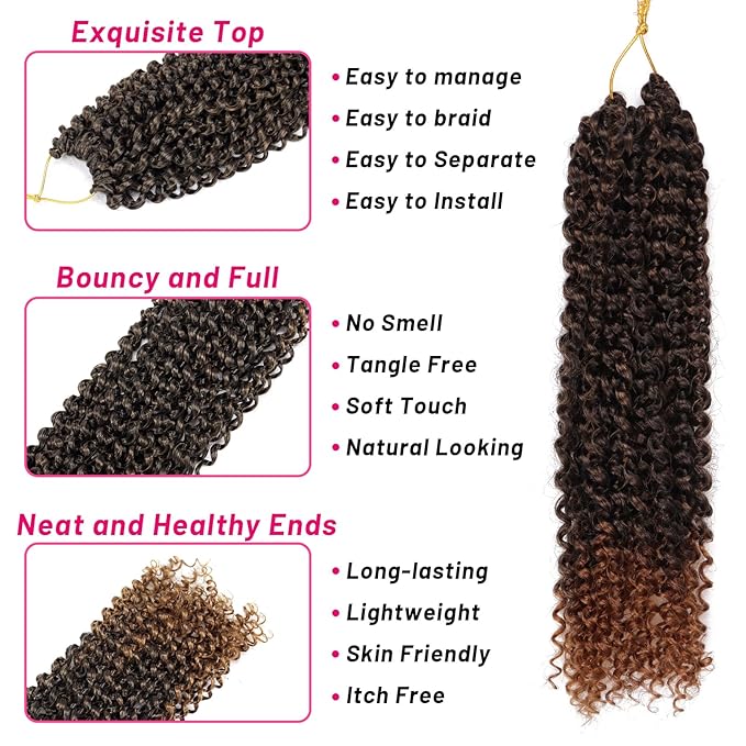 Dorsanee Ombre Brown Passion Twist Hair 14 Inch 7 Packs Water Wave Crochet Hair Long Bohemian Curly Braiding Hair for Butterfly Locs, Faux Locs, Boho Style Spring Twist Crochet Braids (T30#)