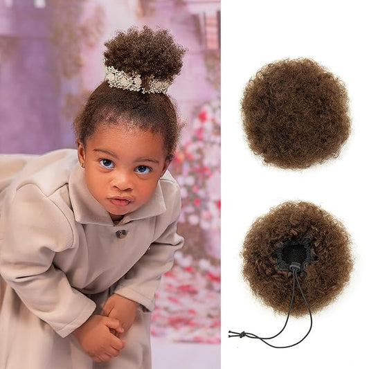 Kids Small Afro Puff 4 Inch Human Hair Ponytail for Baby Black Women Short Kinky Curly Ponytail Extension Drawstring 4c Ponytail Fake Bun Cheer Children African American Afro Puffs Medium Brown 30g