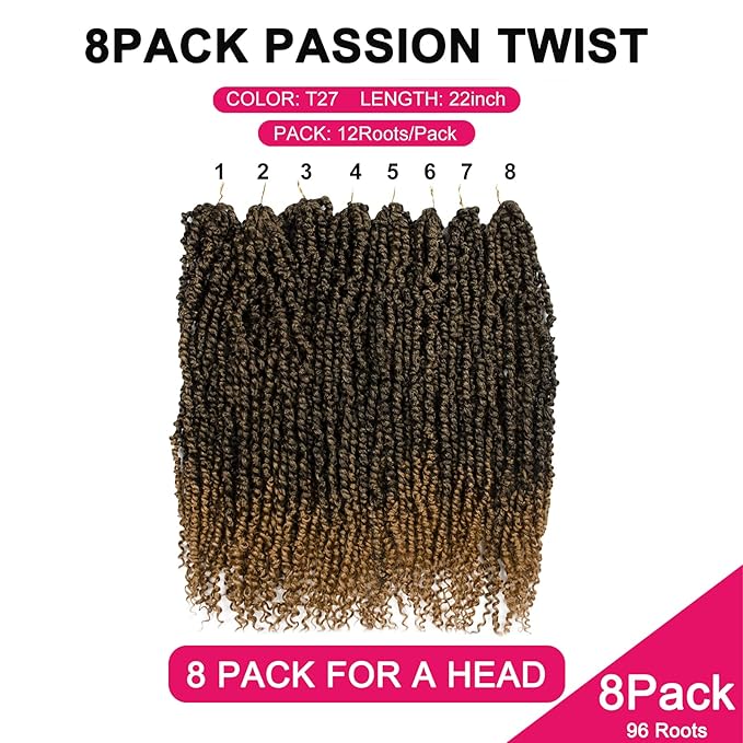 Passion Twist Hair - 8 Packs 22 Inch Passion Twist Crochet Hair For Women, Crochet Pretwisted Curly Hair Passion Twists Synthetic Braiding Hair Extensions (22 Inch 8 Packs, T27)