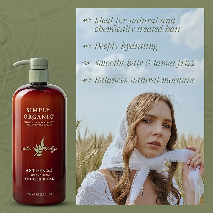 SIMPLY ORGANIC Frizz Control Deep Scalp & Hair Conditioner, Made in Italy, All Natural Cruelty Free Hair Care for Women & Men, Aloe, Jojoba Oil, Olive Leaf Extract, 32 fl oz/958 ml, ANTI-FRIZZ