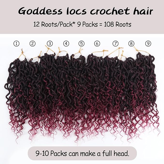 Goddess Locs Crochet Hair, 8 Inch 9 Packs Faux Locs Synthetic Crochet Hair for Black Women, Boho Style Pre looped crochet with Curly Ends