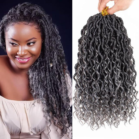 COOKOO 8 Packs Goddess Locs Crochet Braids Hair 14 Inch Pre-curled River Locs Crochet Hair Goddess Faux Locs Wavy Crochet Hair for Women Pre Looped Bohemian Locs Crochet Hair Extensions Tgrey#