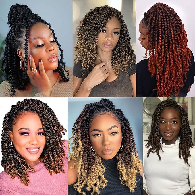 ZRQ Short Passion Twist With Bohemian Hair 12 Inch 8 Packs Ombre Brown Pre-twisted Crochet Passion Twists Synthetic Braiding Hair Curly Ends Braids Twist Hair for Black Women 12 Roots/Pack 1b3027#