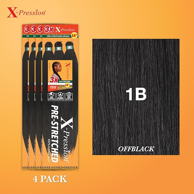 Sensationnel X-pression prestretched braiding hair - 3x braid 58 inch all kanekalon flame retardant synthetic braid for box braids and twists (4 pack, 1B OFFBLACK)
