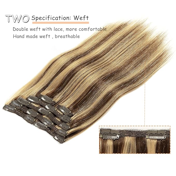 Caliee Remy Hair Extensions Clip in Human Hair Silky Straight for Full Head Clip in Extensions Human Hair Natural Thick Ends Highlighted Color P4/12 Brown Clip in Hair Extensions 22Inch 140G