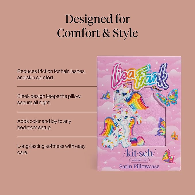 Kitsch x Lisa Frank Satin Pillowcase with Zipper for Hair & Skin, Softer Than Silk Pillow Cases Queen, Wrinkle-Free, Smooth and Cooling Satin Pillow Covers Standard/Queen Size 19x26 - Angel Kitty