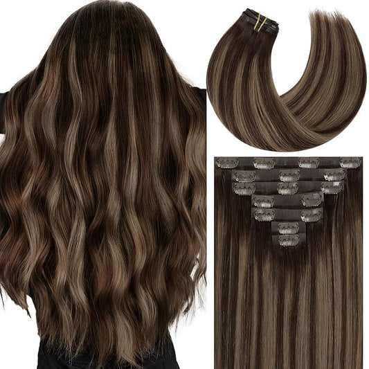 Caliee Brown Clip in Hair Extensions 18Inch Invisible PU Clip in Human Hair Thick Hair Extensions for Full Head 110G R2-2-6 Balayage Chestnut Brown Mixed Dark Brown Soft Natural Hair Extensions 7Pcs