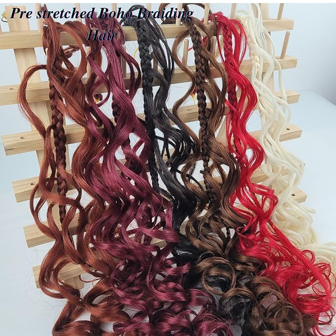 Red Boho Braiding Hair Pre stretched Hypoallergenic Synthetic Braiding Hair Yaki Texture Curly Bohemian Braids