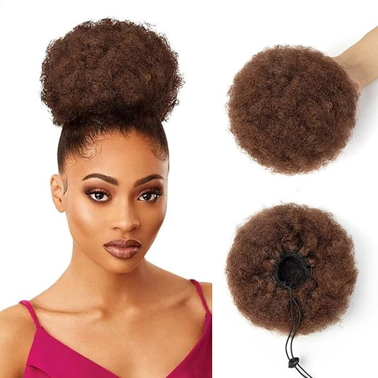 Afro Puff Clip On Human hair Drawstring Ponytail for Black Women,Ponytail Extension 6 Inch #4 Medium Brown 50g Short Afro Kinkys Curly Afro Bun Extension Hairpiece