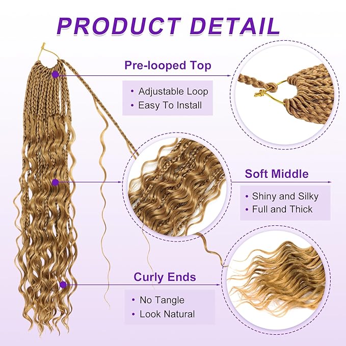 Eacia Goddess Box Braids Crochet Hair 18 Inch 7 Packs Blonde Pre Looped Boho Box Braids Crochet Hair Extensions with Curly Ends Curly Crochet Hair for Women(18 Inch, 27#)