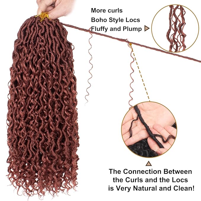 COOKOO 24 Inch Ginger Boho Goddess Locs Crochet Hair for Women - 8 Packs Bohemian Locs Hair Extensions with Curly Ends - Synthetic