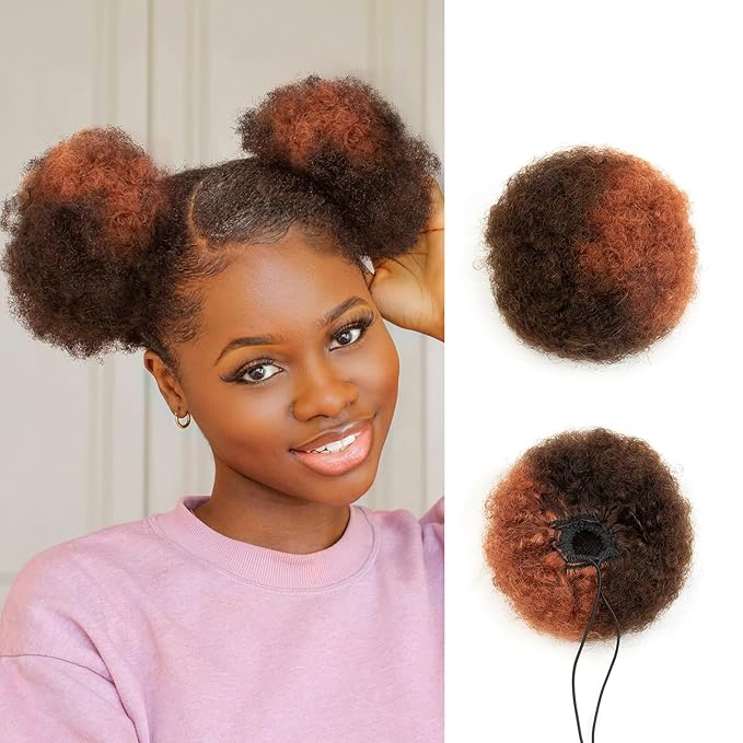 4 Inch Small Afro Puff Human Hair Ponytail for Girls Black Women Short Kinky Curly Ponytail Extension Drawstring Ponytail Fake Bun 4c Puffs African American Half Medium Brown Half Copper Red Updo 30g