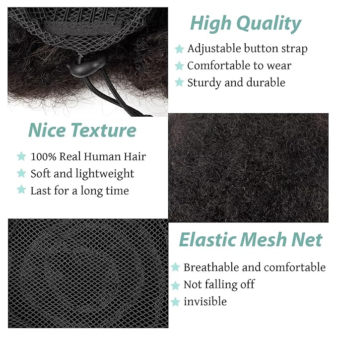 Afro Puff Ponytail for Black Women 100% Human Hair Ponytail Extension Short Updo Hair Buns Small Size Curly Ponytail for Little Girls 2 Clips 4 Inch Natural Color ,Soft, And Durable For Repeated Use