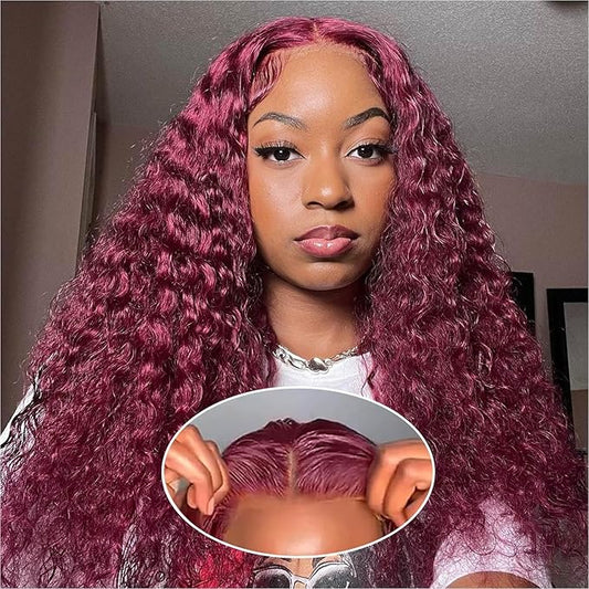 Curly Bob Wig Human Hair Deep Wave 200% Density 5x5 HD Lace Closure Wigs Human Hair Bob Wigs For Black Women Wear And Go Glueless Curly Wig Burgundy Color 18 Inch