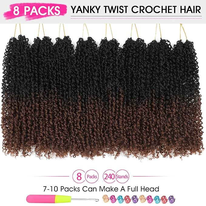 NAYOO 12 Inch Yanky Twist Crochet Hair - 8 Packs (30 Stands/Pack) Mini Passion Twist with Curly Ends Synthetic Ombre Brown Pre-Looped Crochet Braids Braiding Hair (12 Inch, T30)