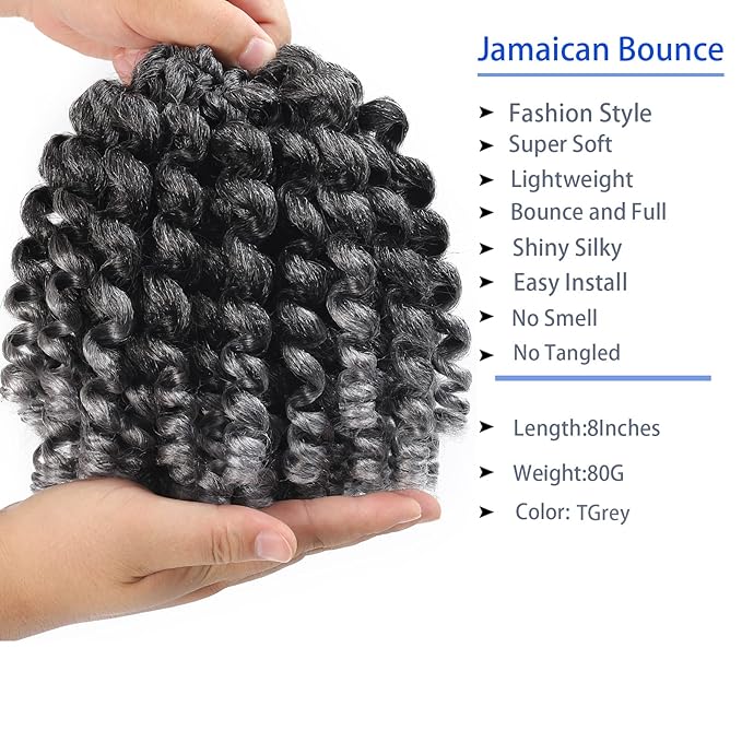 5 Packs Jamaican BounceCrochet Hair 2X Ringlet Wand Curl 8 inch Synthetic Crochet Hair Extensions Crochet Braiding Hair 100 Roots (8Inch (Pack of 5), TGrey)