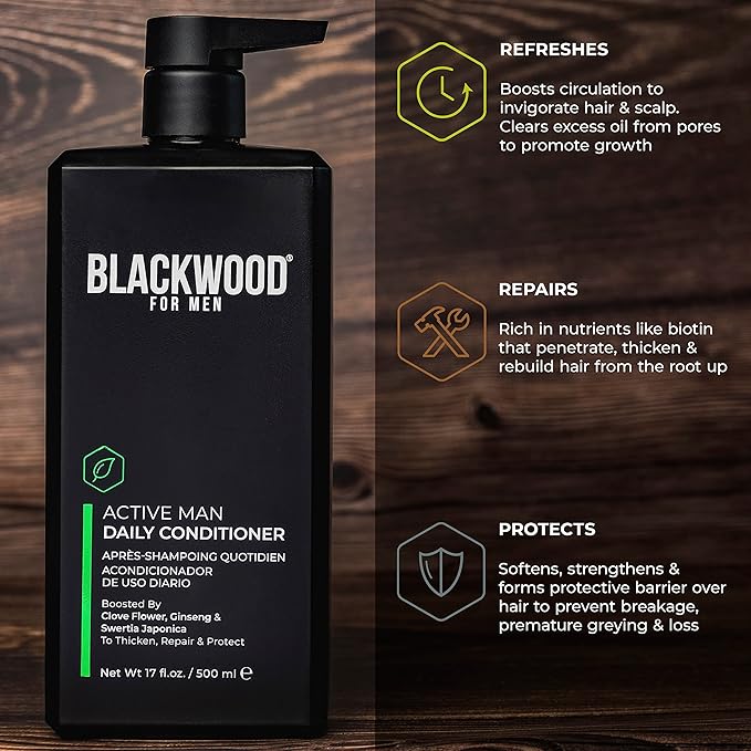 BLACKWOOD FOR MEN Active Man Daily Hair Conditioner for Men, Thickening Conditioner, Deep Nourishing Treatment for Shine, Hair Loss & Dandruff - Natural Vegan Formula Sulfate-Free, Paraben-Free,17 oz