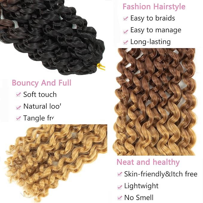 Ombre Passion Twist Hair 18 Inch 8 Packs Water Wave Crochet Hair For Black Women Braiding Hair Long Bohemian Crochet Braids Synthetic Hair Extension (18 Inch, 1B/30/27)