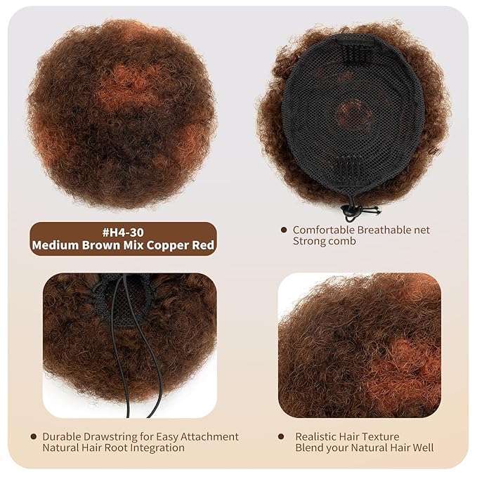 Real Human Hair Afro Puff Ponytail for Black Women Short Kinky Curly Ponytail Extension Feipro Cheer Drawstring Ponytail 4c Cheer African American Natural Fake Bun Medium Brown Mix Copper Red 6inch40g