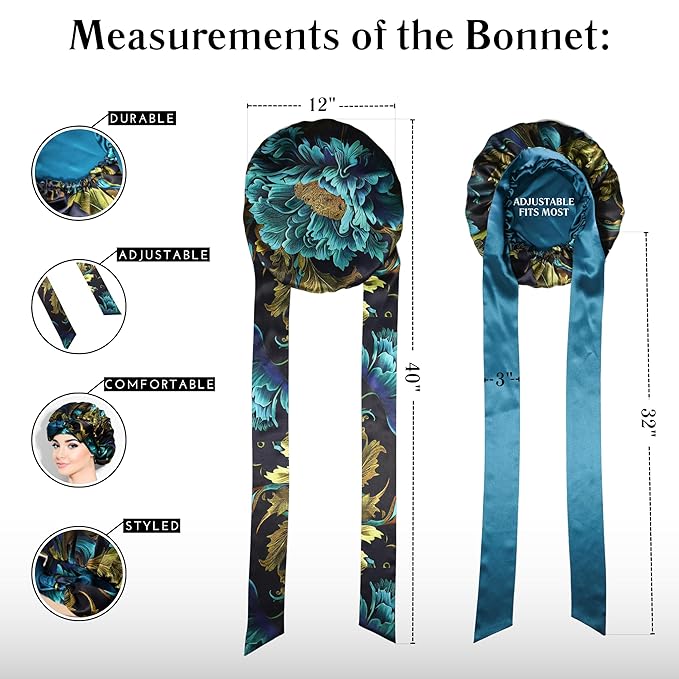 100% Mulberry Silk Bonnet for Sleeping Women, Handmade in USA 19 Momme Double Layer Reversible Silk Hair Wrap with Adjustable Ties, Non-Slip Sleep Cap for Curly & Natural Hair