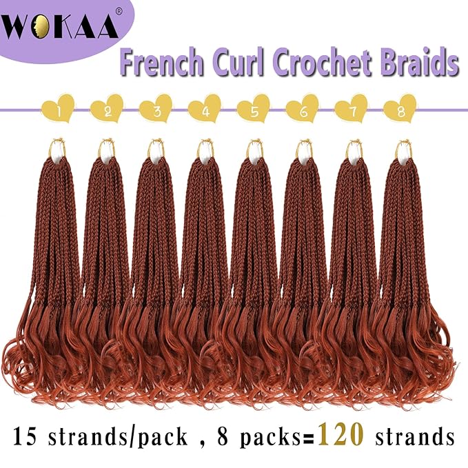 French Curl Crochet Braids 14 Inch Ginger Goddess Box Braids Crochet Hair for Women Pre Looped Crochet Box Braid with Curly Ends Synthetic French Curly Braiding Hair Extensions (8 Packs，350#)