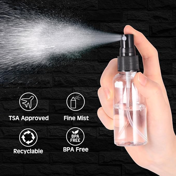 Roshtia 100 Pcs 2 oz Plastic Mini Spray Bottles with Black Cap Clear Empty Fine Mist Spray Bottles Refillable Liquid Container for Essential Oils Perfumes Travel Makeup