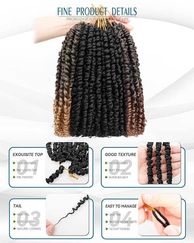 Passion Twist Crochet Hair-Mixed Color Combo Pack(6 packs 1B+1 pack T1B/27+1 pack T1B/30),Pre-twisted Pre Looped Synthetic Braided Hair Extensions For Black Women and Kids(10"-8 Packs,1B+T27+T30)