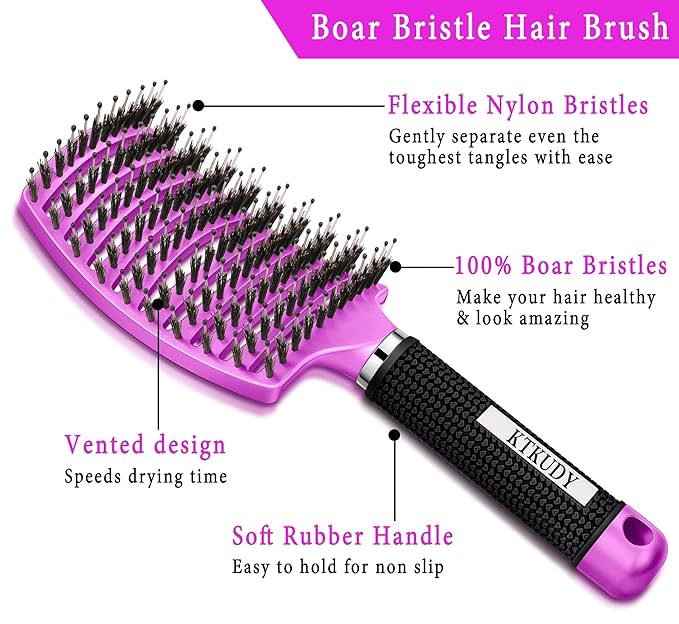 Detangling Brush Boar Bristle Hairbrush for Adult & Kids Wet or Dry Hair - KTKUDY Detangler Hair brush Getting Knots Out without Pain - Adds Shine and Makes Hair Healthier Purple - black handle