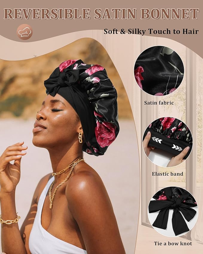 Reversible Satin Bonnet for Sleeping Women Double Layer Hair Bonnet with 2PCS Hair Scrunchies Elastic Tie Band Night Cap