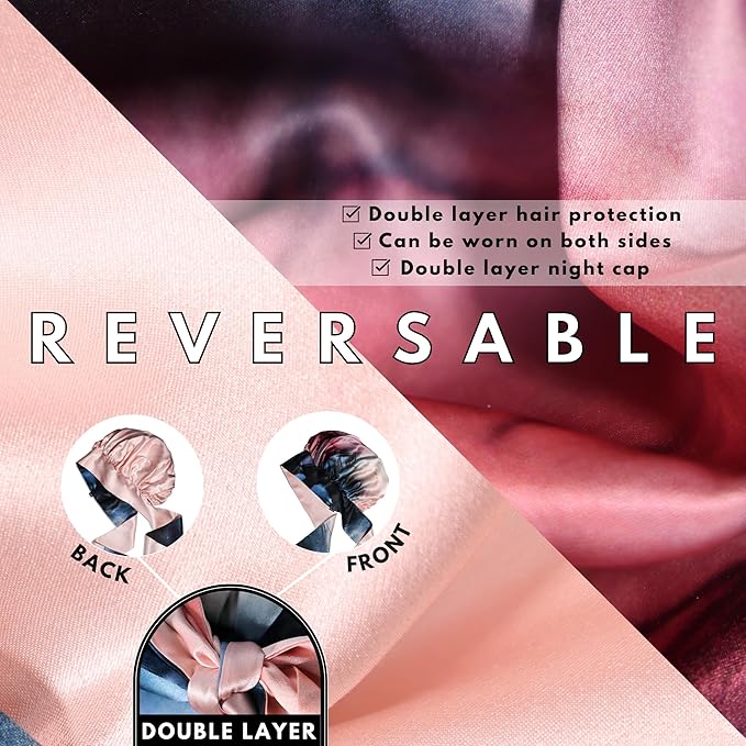 100% Mulberry Silk Bonnet with Ties – Adjustable 19 Momme Double-Layer Reversible Hair Wrap – Stay-On Sleep Cap for Women, Curly Hair, Natural Hair Care – Handmade in USA (Blue & Blush)