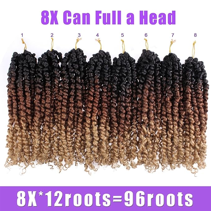 ZRQ Short Passion Twist With Bohemian Hair 8 Inch 8 Packs Ombre Brown Pre-twisted Crochet Passion Twists Synthetic Braiding Hair Curly Ends Braids Twist Hair for Black Women 12 Roots/Pack 1b3027#