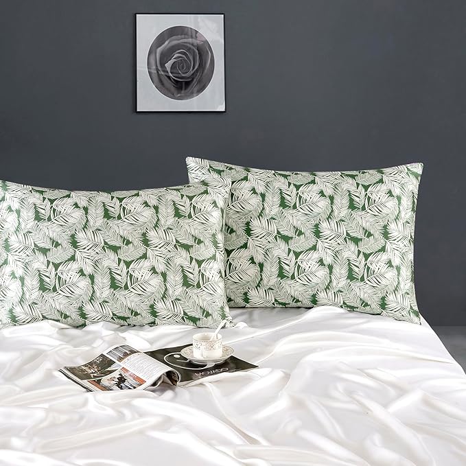 ZIMASILK 100% Pure Mulberry Silk Pillowcase for Hair and Skin Health,Both Sides 19 Momme Silk Floral Print,1pc (Standard 20''x26'',White Leaves)
