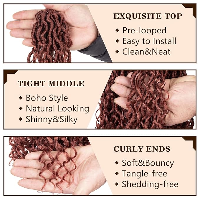 COOKOO 24 Inch Ginger Boho Goddess Locs Crochet Hair for Women - 8 Packs Bohemian Locs Hair Extensions with Curly Ends - Synthetic