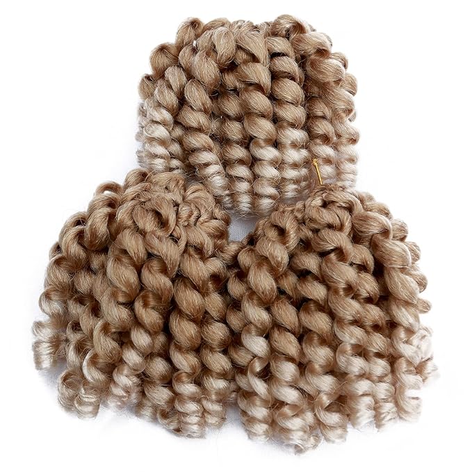 3 Packs 2X Ringlet Wand Curl Jamaican Bounce 8 inch Short Synthetic Crochet Hair Extensions Blonde Ombre Crochet Braiding Hair 20 Roots (#27/613 Jamaican Bounce)
