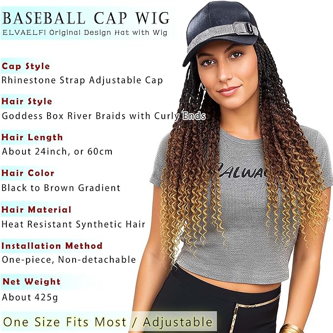 Hat Wigs 24-Inch Crochet Boho Braids Curly Ends, Ombre Brown Goddess Box Braids Crochet Hair Wig for Women