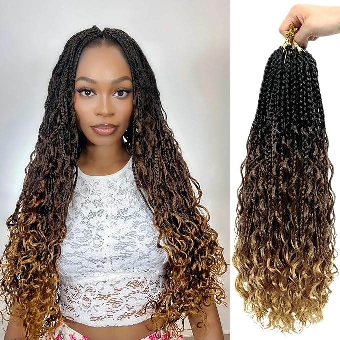 Eacia Goddess Box Braids Crochet Hair 18 Inch 7 Packs Pre Looped Ombre Crochet Hair with Curly Ends Boho Box Braids for Women(18 Inch, T1B/30/27#)