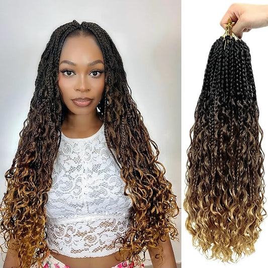 Eacia Goddess Box Braids Crochet Hair 18 Inch 7 Packs Pre Looped Ombre Crochet Hair with Curly Ends Boho Box Braids for Women(18 Inch, T1B/30/27#)