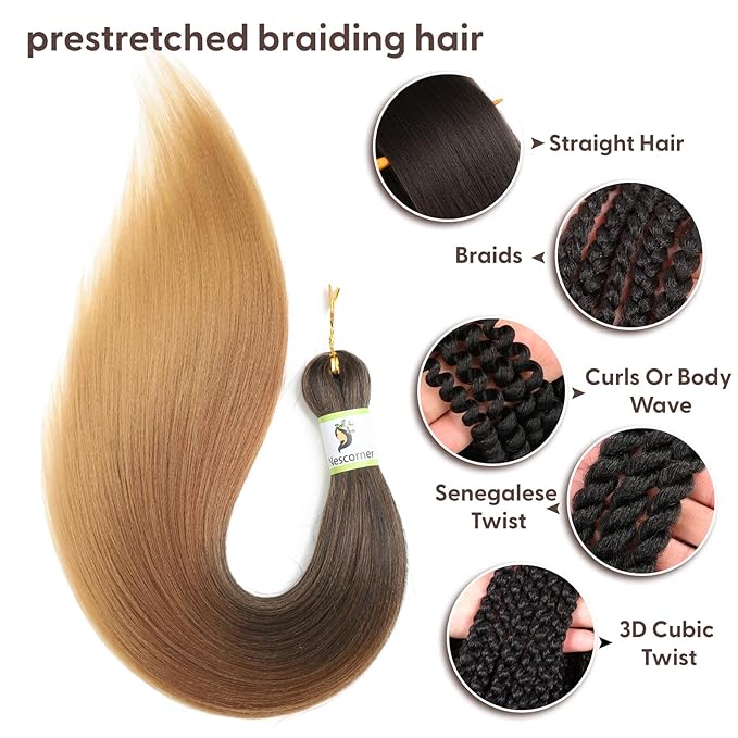 Pre Stretched Braiding Hair With Yaki Texture, 18inch Ombre Braiding Hair Pre Stretched 8packs, Blonde Brown Professional Hair Extension for Corochet Braid (T1 30 27)