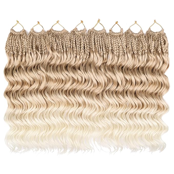 Leeven 14 Inch 8 Packs Ocean Wave Crochet Hair Pre Looped Ombre Blonde Boho Curly Crochet Hair Short Ocean Braids Pre Twisted Synthetic Deep Wavy Crochet Hair for Women #T27/613