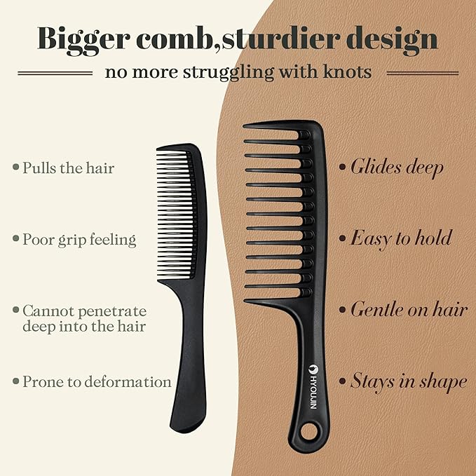 HYOUJIN Black Large Wide Tooth Detangler Paddle Brush - Best Styling Comb for Curly, Wet, Long Hair