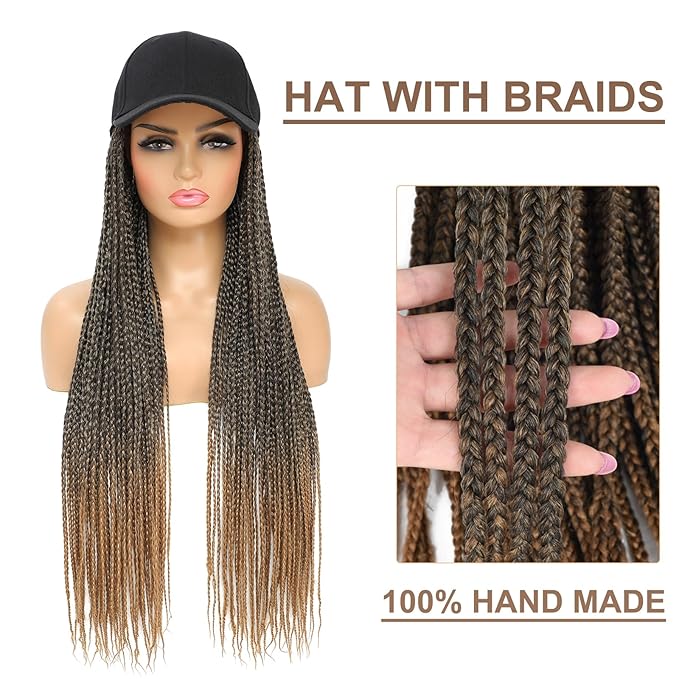 Hat Wig for Women Baseball Cap with Braided Hair Attached Synthetic Box Braid Wig Hat Adjustable Cap with ombre light brown Braids for Daily Outdoor Use(BL-T27)