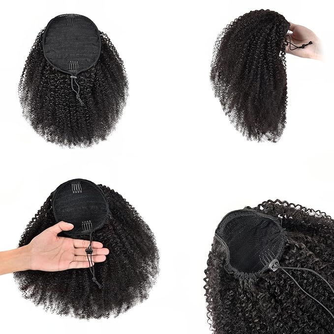 beauty youth Afro Puff Drawstring Ponytail Human Hair Bun For Black Women 150% Density 10A Brazilian Virgin Afro Kinky Curly Clip In Ponytail Extension Human Hair Pieces 130g Natural Color 12 Inch
