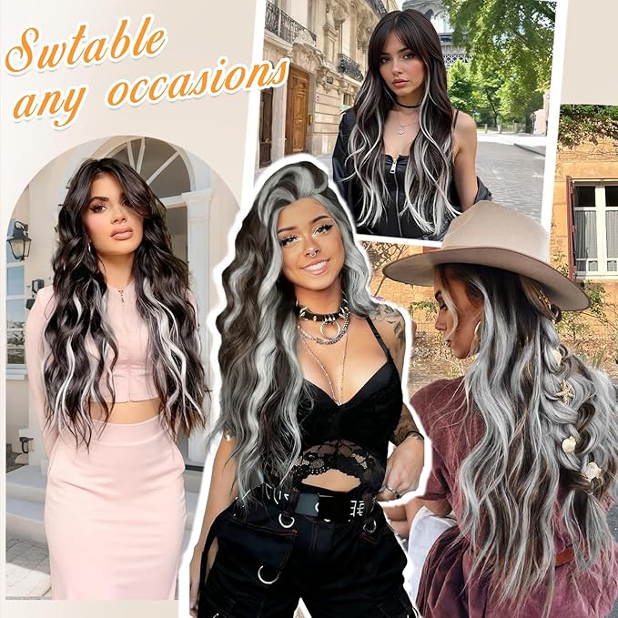 ALXNAN Clip in Long Wavy Synthetic Hair Extension 24 Inch Dark Brown Mix White Highlights 4PCS Thick Hairpieces Fiber Double Weft Hair for Women