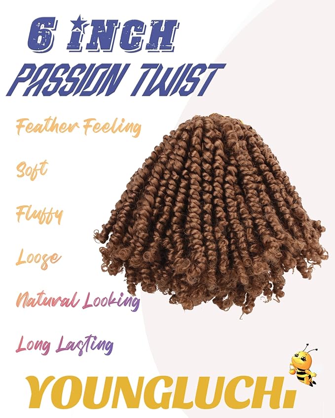 Super Short Passion Twist Crochet Hair for Black Women and Kids-6 Inch 7 Packs Pure Blonde Pre Looped Pre-twisted Passion Twist Hair,Bob Spring Kinky Twist Bohemian Curl(6"-7P,27#)