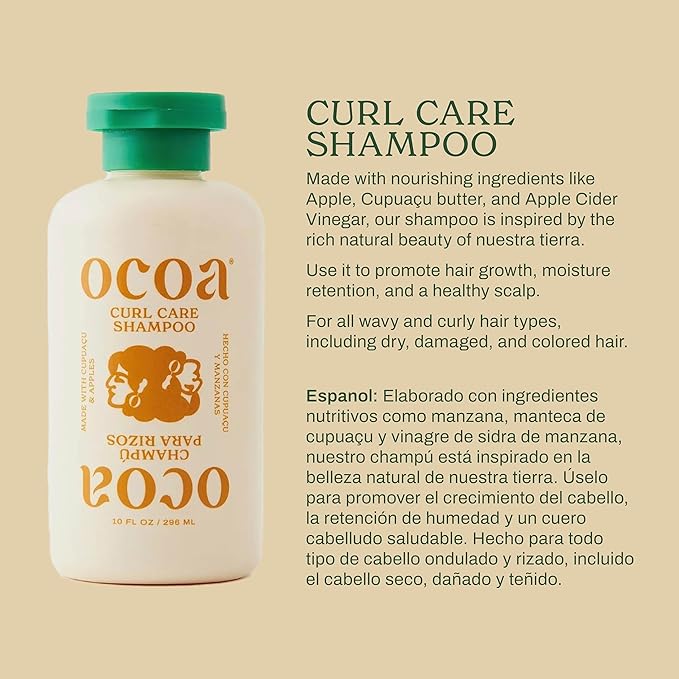 OCOA Beauty Curl Care Shampoo with Apple, Cupuaçu Butter & Apple Cider Vinegar – Curly & Wavy Hair Cleanser - Retains Moisture for Soft, Manageable and Defined Curls – 10oz