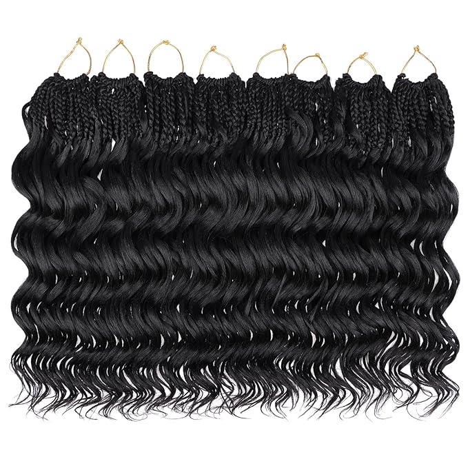 Leeven 8 Inch Pre Looped Ocean Wave Crochet Braids 8 Packs Black Boho Ocean Braids Synthetic Deep Wavy Crochet Hair for Women