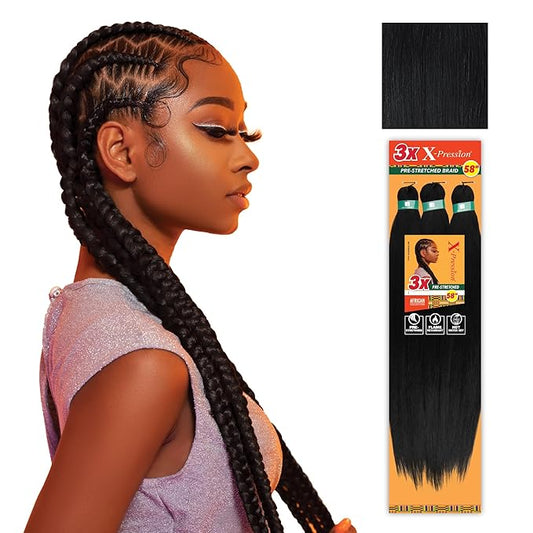 Sensationnel X-pression prestretched braiding hair - 3x braid 58 inch all kanekalon flame retardant synthetic braid for box braids and twists (2 pack, 1 JETBLACK)