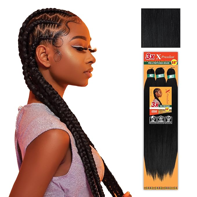 Sensationnel X-pression prestretched braiding hair - 3x braid 58 inch all kanekalon flame retardant synthetic braid for box braids and twists (3 pack, 1 JETBLACK)